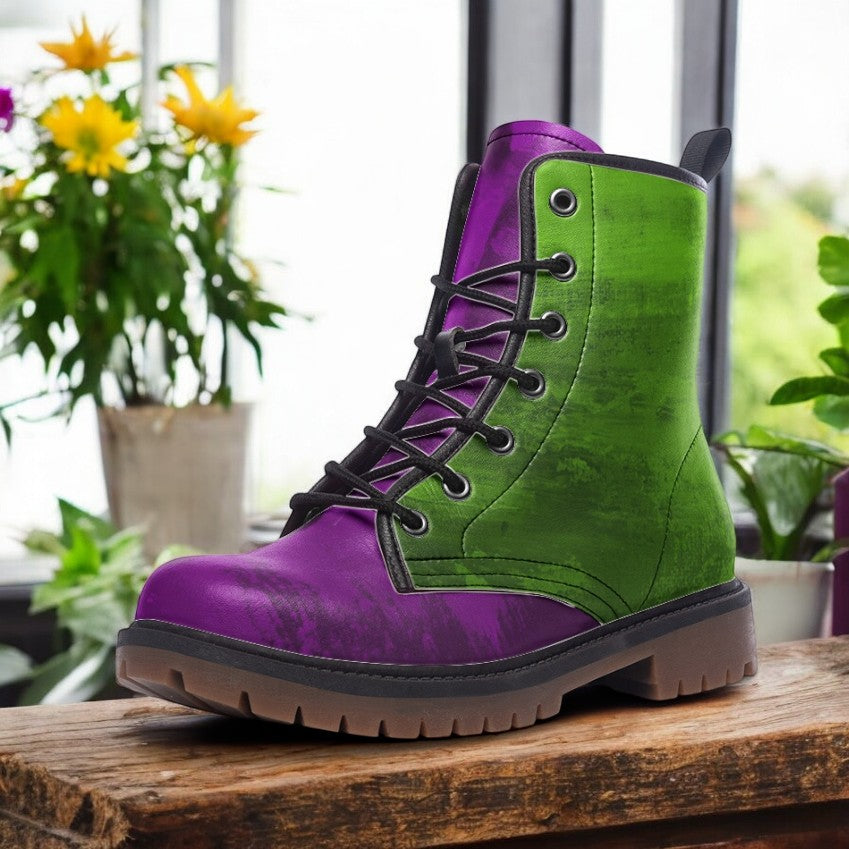A purple and green boot is displayed on a wooden surface, with yellow flowers visible in the background.