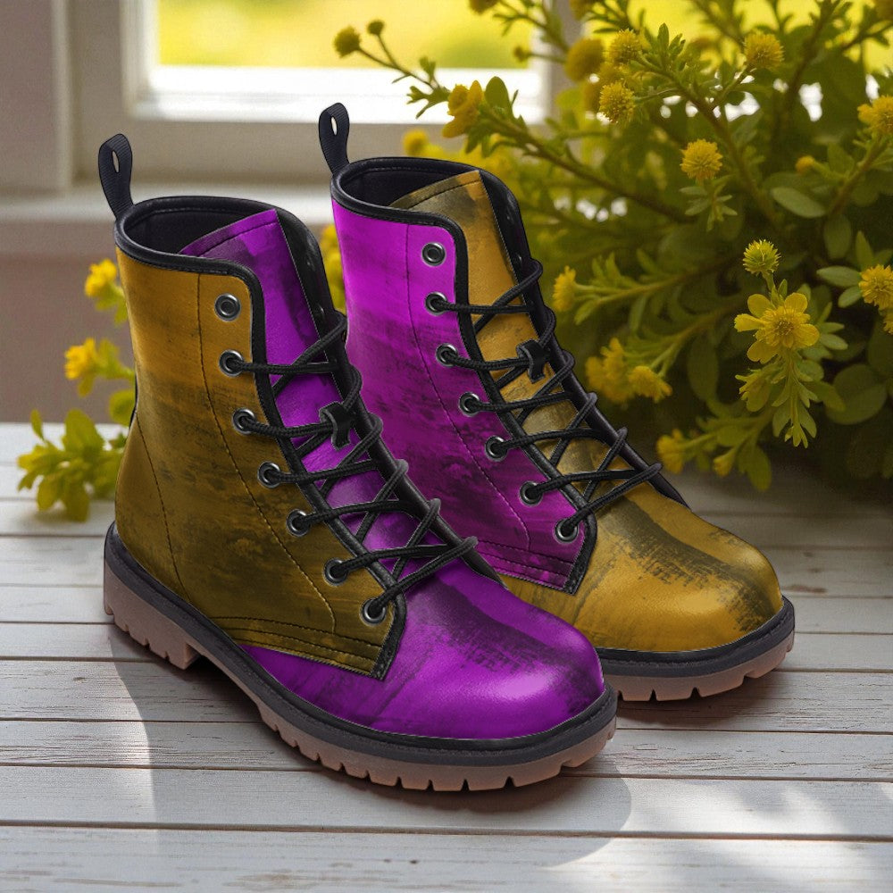 A pair of colorful, patterned boots with purple and yellow hues are displayed on a wooden surface, with yellow flowers in the background.