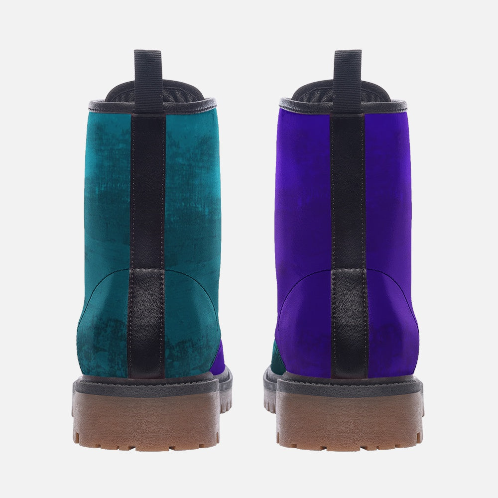 two pairs of boots, one in teal and one in purple, both with black straps and laces.