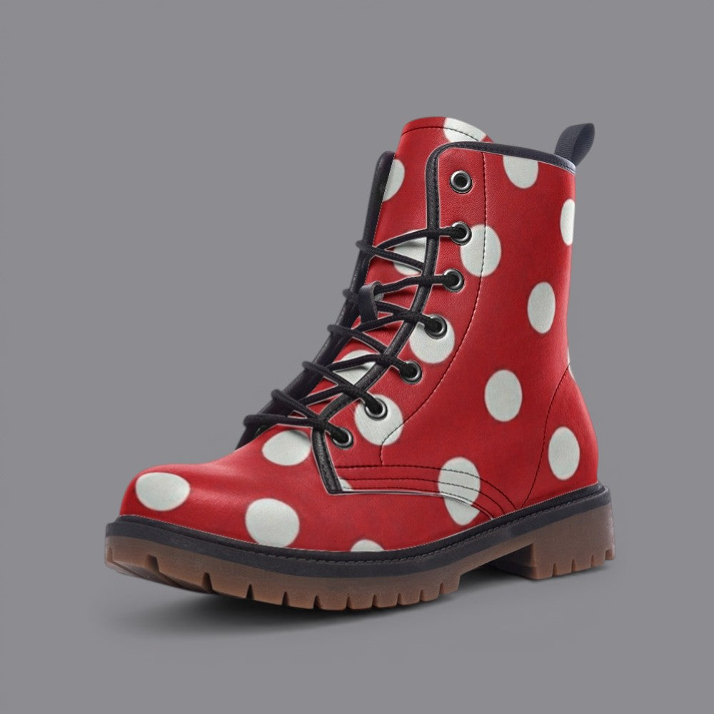 Red Polka Dot Combat Boots, Retro Rockabilly Vegan Leather Shoes, Vintage Pin Up Style Footwear, Cute Festival Boots, Womens Custom Shoes