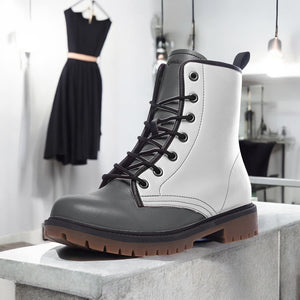 Black and White Split Leather Boots| Monochrome Contrast Combat Boots| Dual-Tone Urban Lace-Up Boots| Vegan Leather| fashion| trendy| women| men