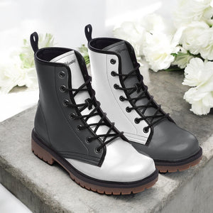 Black and White Split Leather Boots| Monochrome Contrast Combat Boots| Dual-Tone Urban Lace-Up Boots| Vegan Leather| fashion| trendy| women| men