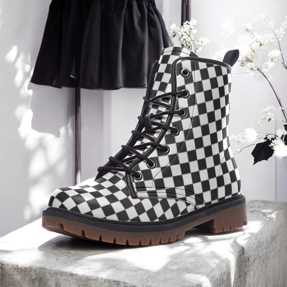 Black and White Monochrome Checkered Vegan Combat Boots| Vintage Grid Lace Up Boot| Fantasy Faux Leather Shoe| For Women| Men| Boy| Girls