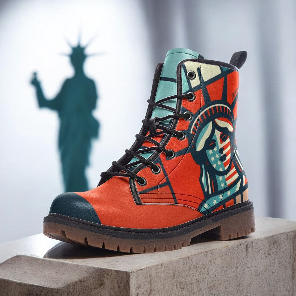 Statue of Liberty Red Combat Boots| Patriotic Vegan Leather Footwear| American Flag| Patriotic Statue of Liberty Boots| American Flag