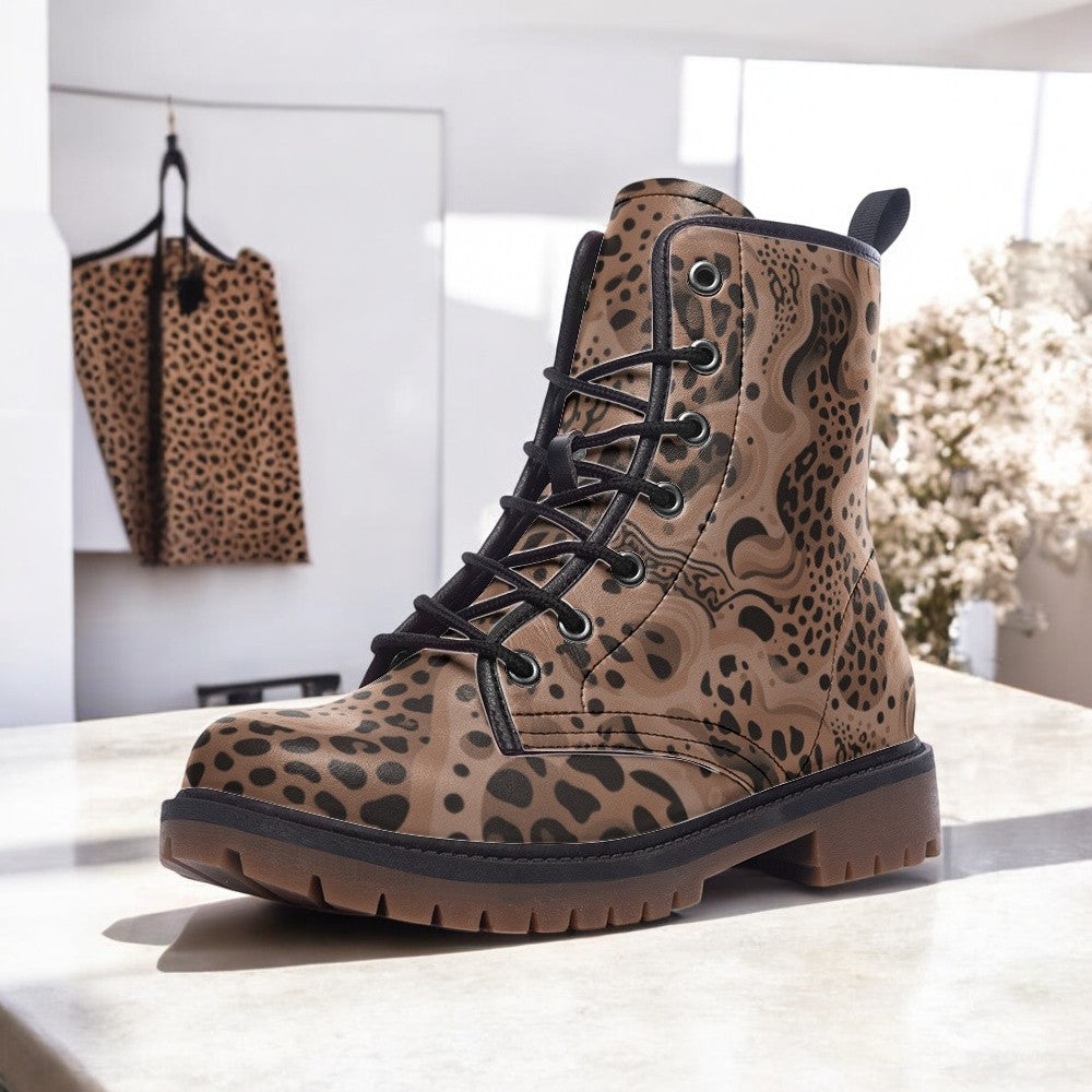 Brown Panther Leopard Vegan Combat Boots| Vintage Faux Leather Boots| Military Style Boots| Trendy & Comfortable Footwear For Women| Men
