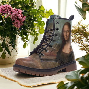 Vintage Mona Lisa Vegan Combat Boots| Da Vinci Inspired Faux Leather Shoes| Renaissance Lace Up Boots|Brown Steampunk Boots For Women| Men