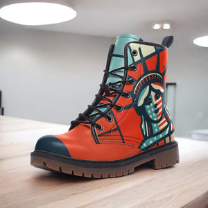 Statue of Liberty Red Combat Boots| Patriotic Vegan Leather Footwear| American Flag| Patriotic Statue of Liberty Boots| American Flag