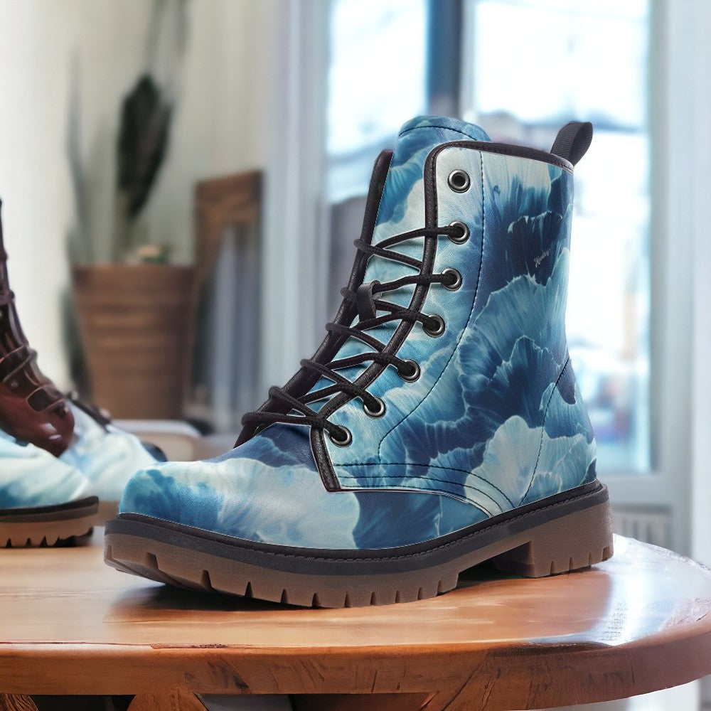 Ocean Blue Tie-Dye Vegan Combat Boots| Fantasy Leather Boots| Boho| Lace Up| Summer| Fashionable Boot| Customs Shoe For Women| Men| Teenage