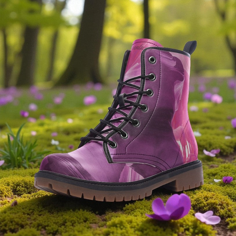 Purple Floral Combat Boots – Artistic Print Women's Lace-Up Boots