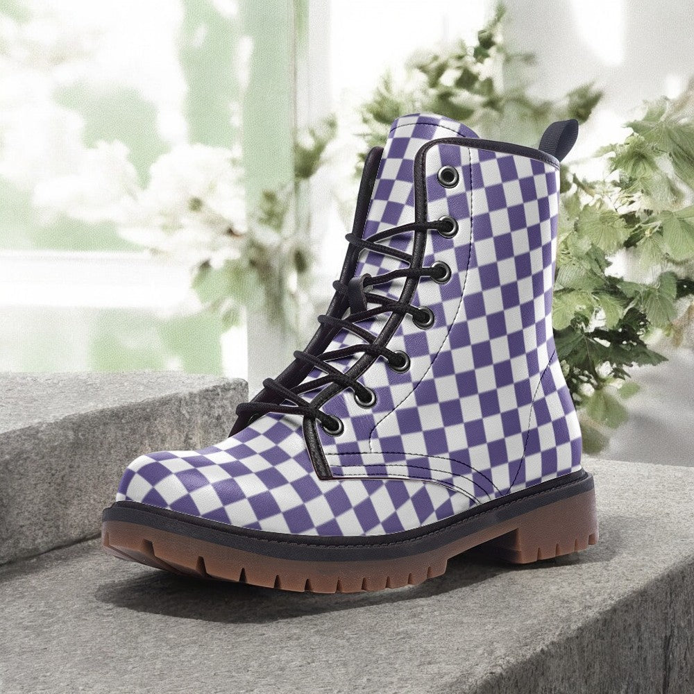 Purple and White Monochrome Checkered Vegan Combat Boots| Fashion Grid Lace Up Boot| Fantasy Faux Leather Shoes| Custom shoes for Women| Men