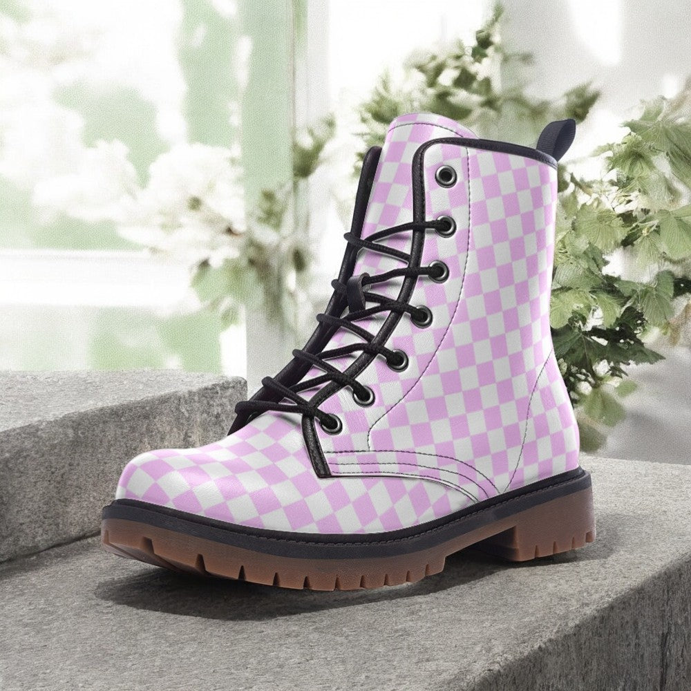 Pastel Pink and white Checkered Vegan Combat Boots| Vintage Grid Lace Up Boots| Fantasy Faux Leather Shoes| Teen Girls| Cosplay| Fairy boots