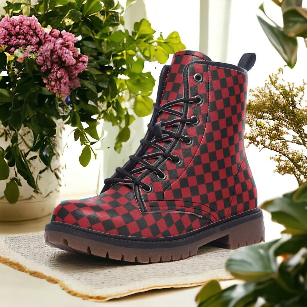 Red and Black Checkered Vegan Combat Boots| Vintage Grid Lace Up Boots| Victorian Steampunk boots| Renaissance boots For Women| Men| 80s| 90s