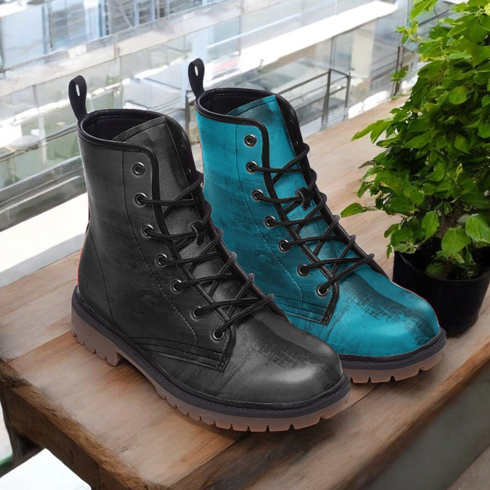 Mismatched Ocean Teal and Black Vegan Combat Boots| Witchy Goth Style, Pagan Dark Academia Faux Leather Ankle Boots| Gothic | Shoe Customs For Men, Women, Girls, Boys