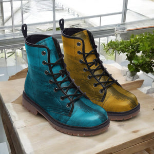 Mismatched Ocean Teal and Gold Combat Boots| Turquoise Fantasy Boots| Hippie Shoes| Blue and Yellow Vegan Leather| For Men| Women| Lace up