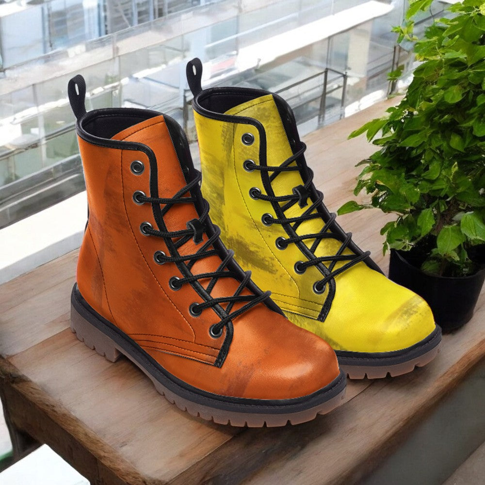 Mismatched Gradient Orange and Golden Yellow Vegan Combat Boots| Gothic Lace Up Boots| Faux Leather | Fashin| Hippie Shoes For Men| Women
