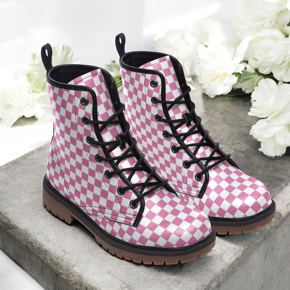 Hot Pink and White Checkmate Vegan Combat Boots| Vintage Grid Lace Up Boots| Fantasy Faux Leather Shoes| Teen Girls| Cosplay| Fairy boots