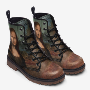 Vintage Mona Lisa Vegan Combat Boots| Da Vinci Inspired Faux Leather Shoes| Renaissance Lace Up Boots|Brown Steampunk Boots For Women| Men