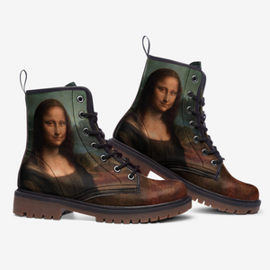 Vintage Mona Lisa Vegan Combat Boots| Da Vinci Inspired Faux Leather Shoes| Renaissance Lace Up Boots|Brown Steampunk Boots For Women| Men