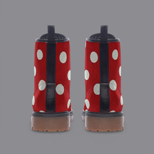 Red Polka Dot Combat Boots, Retro Rockabilly Vegan Leather Shoes, Vintage Pin Up Style Footwear, Cute Festival Boots, Womens Custom Shoes