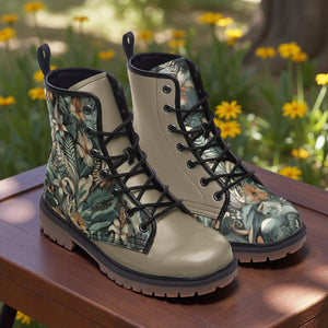 A pair of tan boots with a floral print pattern, placed on a wooden surface against a background of yellow flowers.