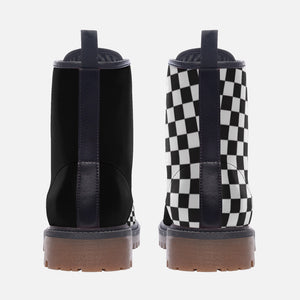 Black and White Checkered Vegan Combat Boots| Charm Faux Leather Shoes| Wide Comfy| Hippy Boots| Customs Shoe For Womens For Men