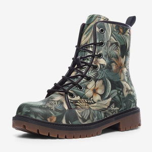 Dark Green Jungle Floral Boots｜Forest Flowers Vegan Boot| Cottagecore Combat Boot| Botanical Witchy Boots| Faux Leather Shoes For Women| Men