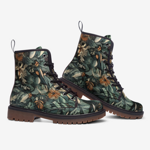 Dark Green Jungle Floral Boots｜Forest Flowers Vegan Boot| Cottagecore Combat Boot| Botanical Witchy Boots| Faux Leather Shoes For Women| Men
