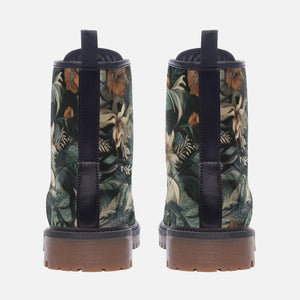 Dark Green Jungle Floral Boots｜Forest Flowers Vegan Boot| Cottagecore Combat Boot| Botanical Witchy Boots| Faux Leather Shoes For Women| Men