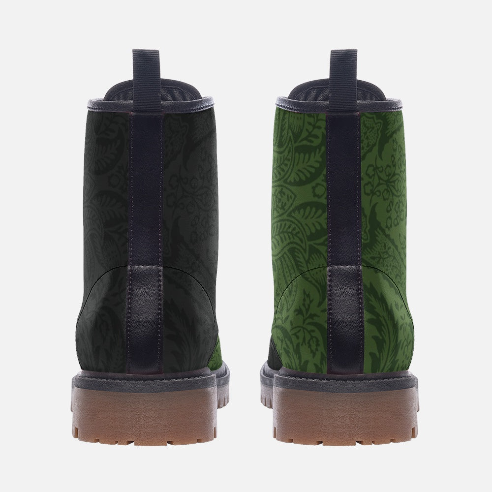 two pairs of boots, one with a black pattern and the other with a green pattern.