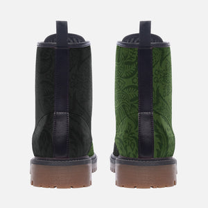 two pairs of boots, one with a black pattern and the other with a green pattern.