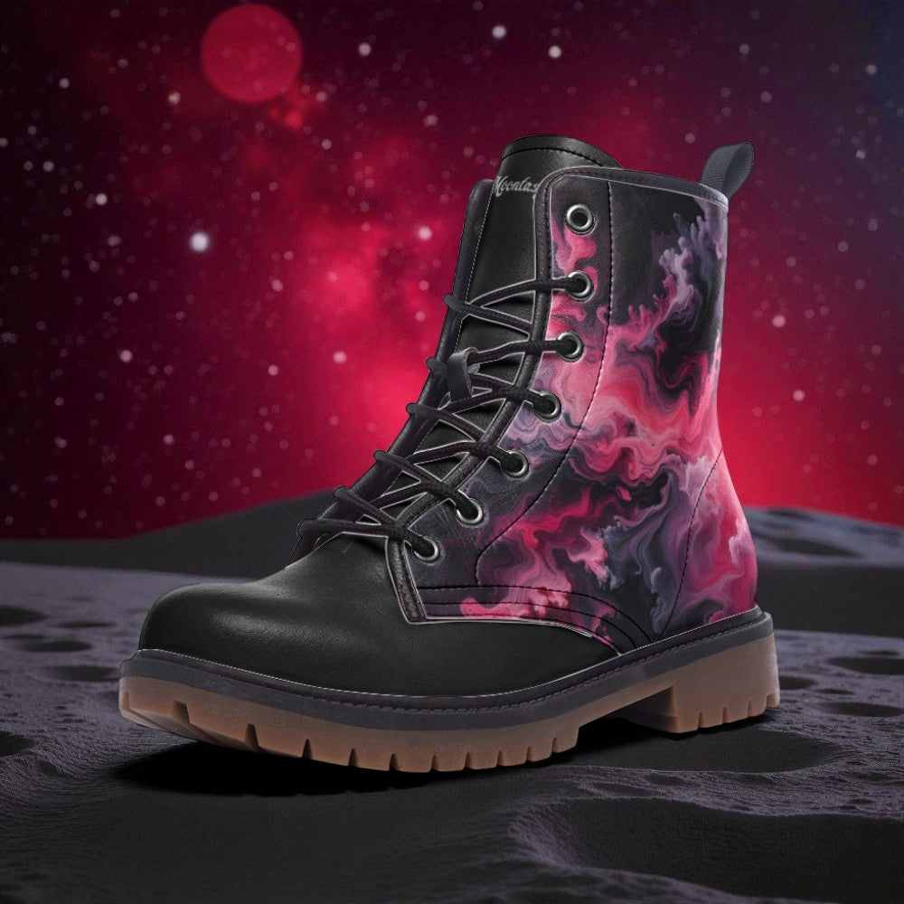 A black and pink patterned boot is shown against a red and purple background with stars.