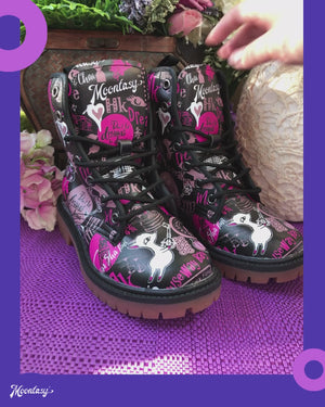 Graffiti Sketch Combat Boots| Cartoon Lace Up Boots| Funky Urban Scribble Boots| Playful Vegan Leather Shoes for Women| Men| Purple| White