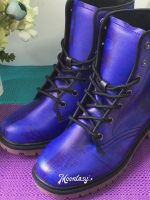 Mismatched Purple Green Combat Boots, Cyberpunk Rave Shoes, Vegan Leather, Clowncore Aesthetic, Harajuku Goth Festival Footwear, Two Tone