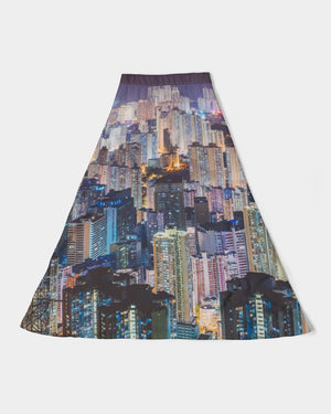Hong Kong Night View Women's A-Line Midi Skirt (Black and Grey)