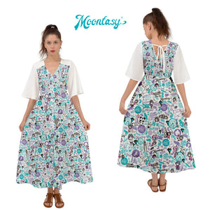 Hong Kong Pattern Kimono Sleeve Boho Dress(Blue)
