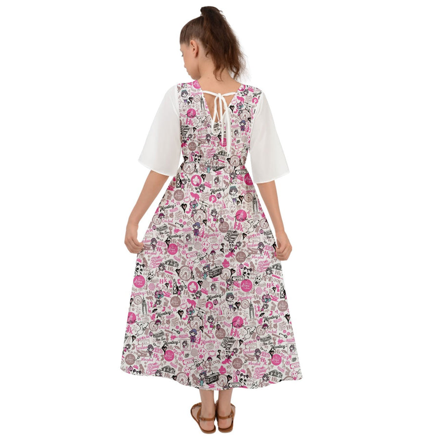 Hong Kong Pattern Kimono Sleeve Boho Dress (Pink)