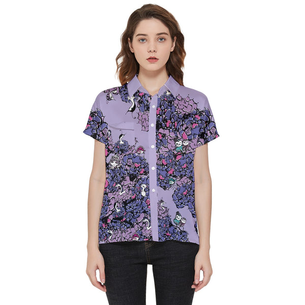 Owls Floral Short Sleeve Pocket Shirt (Purple)