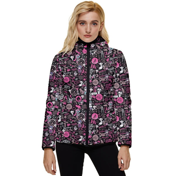 Hong Kong Pattern Women's Hooded Quilted Jacket (Black)