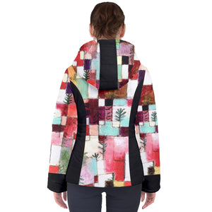 Colorful Squares Women's Hooded Puffer Jacket (Red)