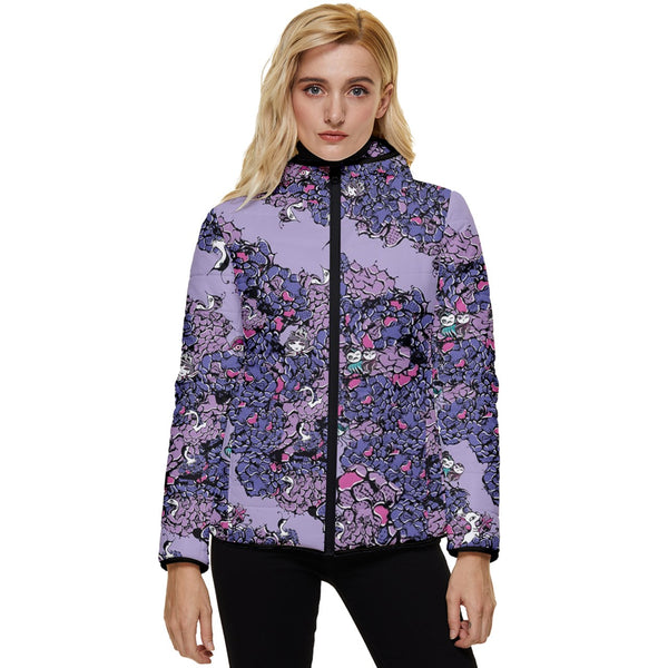 Owls Floral Women's Hooded Quilted Jacket（Purple）