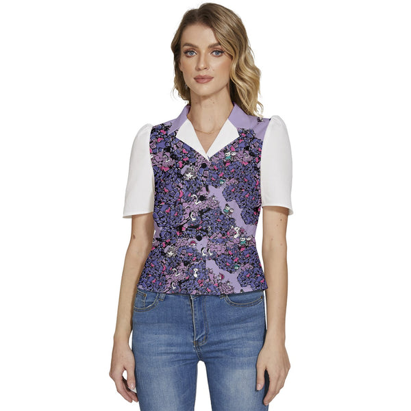 Owls Floral Puffed Short Sleeve Button Up Jacket
