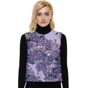Owls Floral Women's Short Button Up Puffer Vest (Purple)