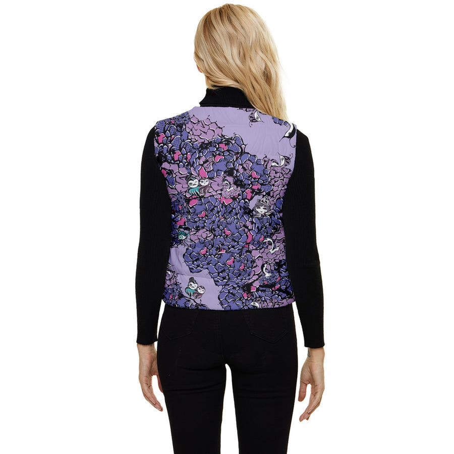 Owls Floral Women's Short Button Up Puffer Vest (Purple)