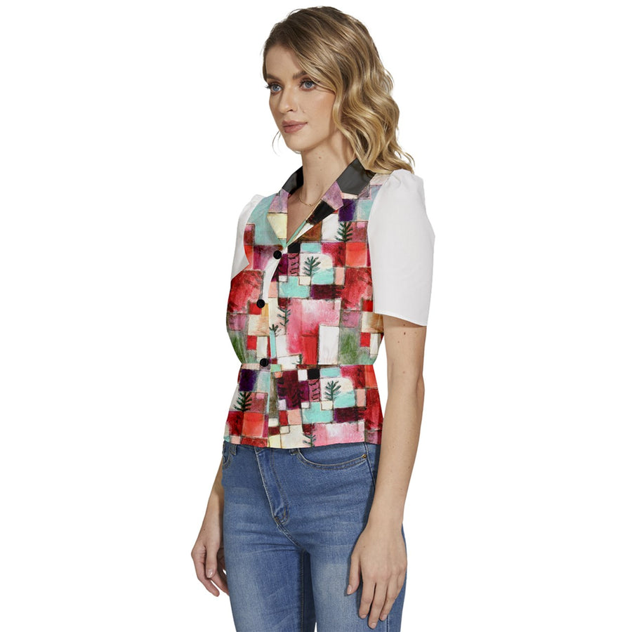 Black and Red Puffed Short Sleeve Button Up Jacket