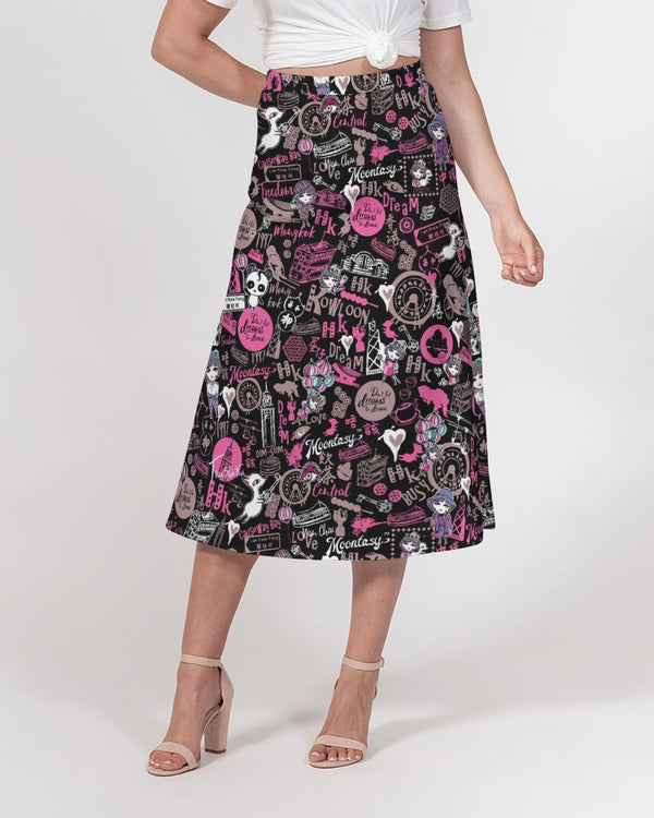 Hong Kong Pattern Women's A-Line Midi Skirt (Black)