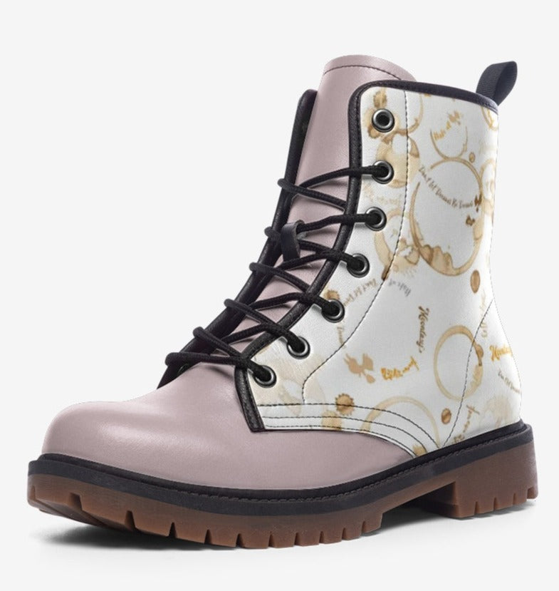 Coffee Stains Pattern Vegan Leather Boots (White and Tan)