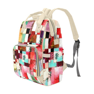 Colorful Squares Multi-Function Backpack/Diaper Bag (Red/Beige)