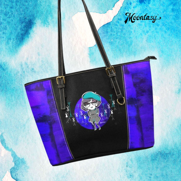 Artistic Violet Blue Leather tote bag (Small/ with charlotte)