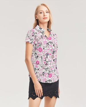 Hong Kong Pattern Women's Short Sleeve Button Up (Pink and white)