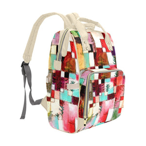 Colorful Squares Multi-Function Backpack/Diaper Bag (Red/Beige)